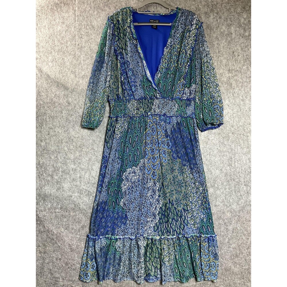 Kate and Lily Dress Womens 20W Blue Green Paisley Boho Maxi Ruffle Long Sleeve
